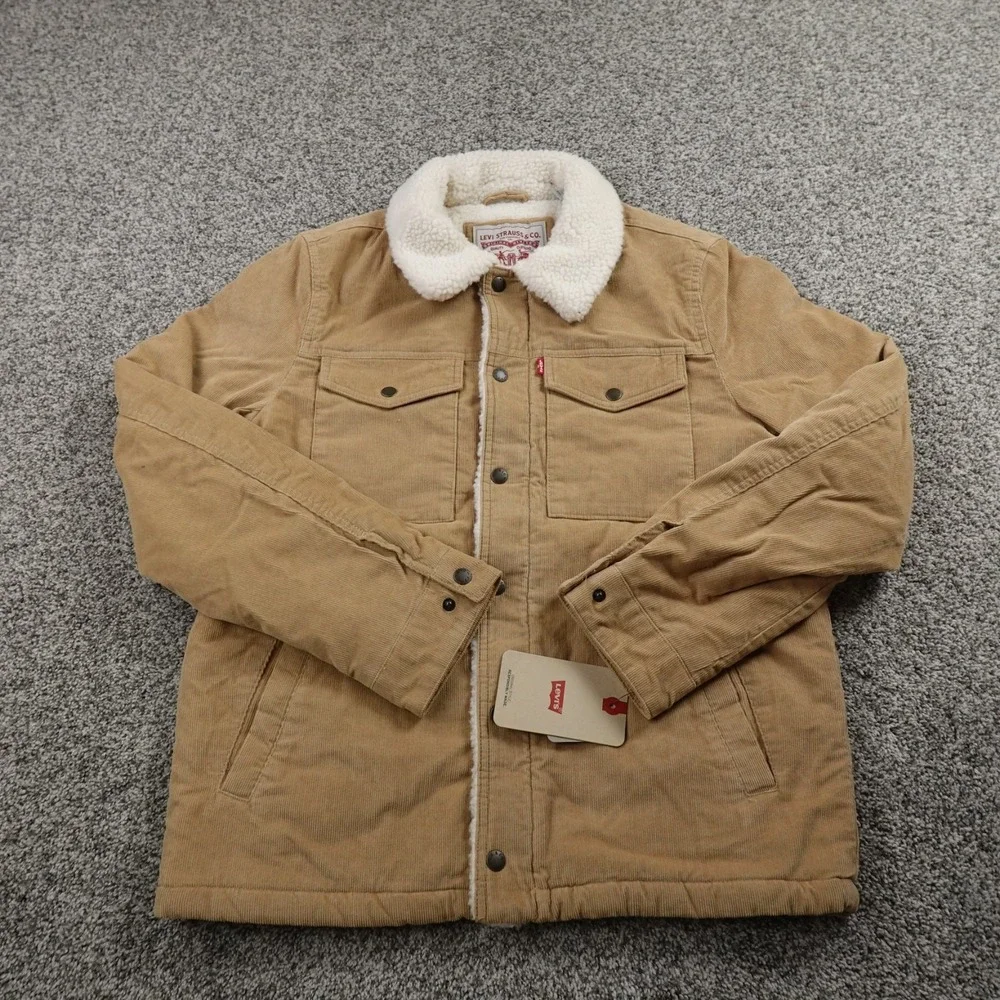 NEW Levis Jacket Mens S Beige Corduroy Sherpa Lined Trucker Snap Zip‎ Coat